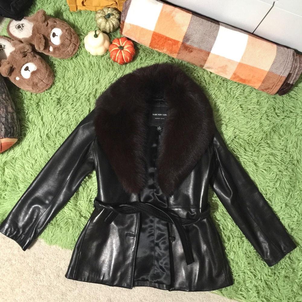 Andrew Marc Real Fur Genuine Leather Tie Waist Jacket [New]